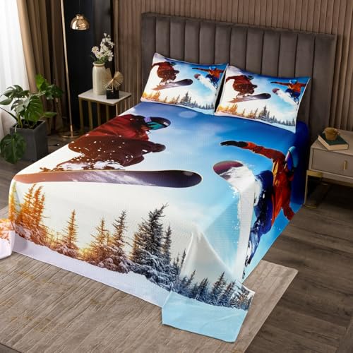 Erosebridal Teens Ski Bedspread, Snowboarding Sports Coverlet Set Twin Size for Kids Boys Youth Adult, Winter Extreme Sport Quilted Coverlet Tree Mountain Bedding Set Bedroom Decor, Blue White