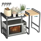 SONGMICS Erweiterbares Mikrowellen Regal, Mikrowellenständer, 41,5-64 cm verstellbare Breite, Küchenregal für Arbeitsplatte, Stahl und Bambus, 4 Haken, tintenschwarz-naturbeige KCS060B01