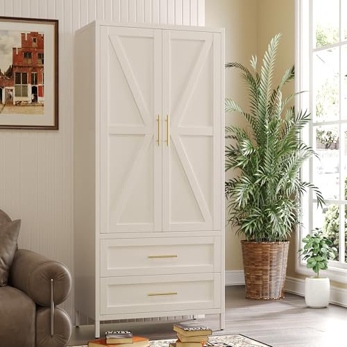 Image of SUPEER Metal Wardrobe Closet with Drawers & Hanging Rod, 71 inch Tall Armoire Storage Cabinet for Bedroom, 2 Drawers + Adjustable Shelf, 4 Leveling Feet, White, Required Assembly