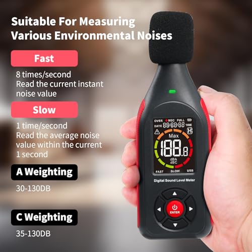 OBEST Schallpegelmessgerät mit LCD-Display, dezibel messgerät mit aufzeichnung, db Messgerät 30-130dB, Lautstärke Messgerät, Lärm-Monitor mit Alarm, Lärmmessgerät Professionelle, Datenspeicherung