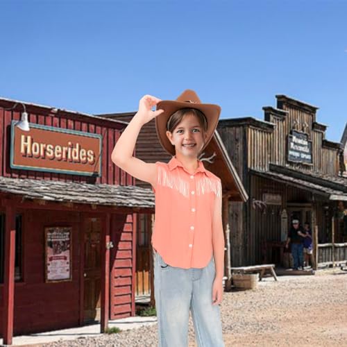 Girls Kids Fringe Vest Sleeveless Western Cowgirl Tassel Trim Casual Blouse Button Down Tassel Vest Shirt Top 5-13Years3