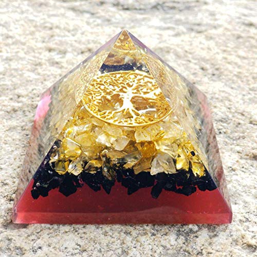 Orgone Citrine and Black Tourmaline Pyramid with The Tree of Life Symbol | Orgonite Energy Generator Infused By the Reiki Energy | Protects and Heals on All Spiritual and Physical Levels
