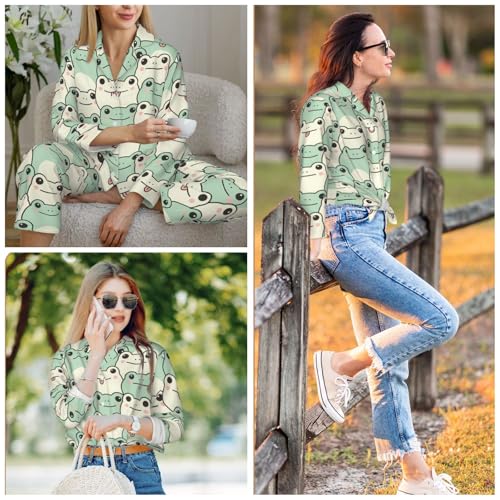 Image of Women'S Long Sleeve Pajama Set Soft Loungewear Button-Down Top & Elastic Waist Pants S- 2XL