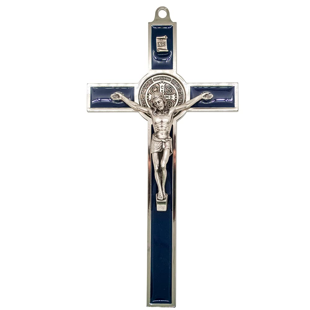 Small Saint Benedict Wall Cross | Patron Saint of Students | 5.75" Tall | Silver-Tone Accents | Great Catholic Gift for Baptism, First Holy Communion, and Confirmation | Christian Home Décor (Blue)
