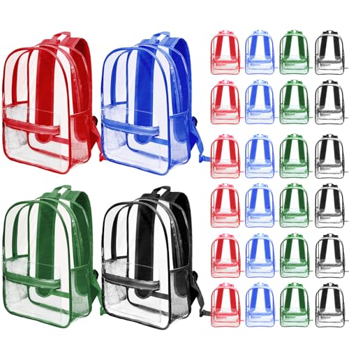 Entallor 24 Pack Clear Backpacks Bulk PVC Heavy Duty Transparent Bookbags Assorted Colors See Through School Bags Kids Shoulder Bag for School Stadium Events Work Travel (Red Green Blue Black)