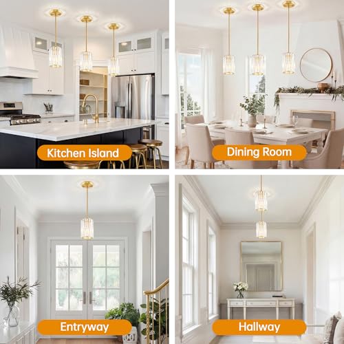 Esfos Gold Pendant Light, Modern Crystal Pendant Lights Kitchen Island, Kitchen Island Lighting with Adjustable Height, UL Certified Island Lights for Kitchen Dining Room Bedroom Hallway 1 Pack, E26 - image 2