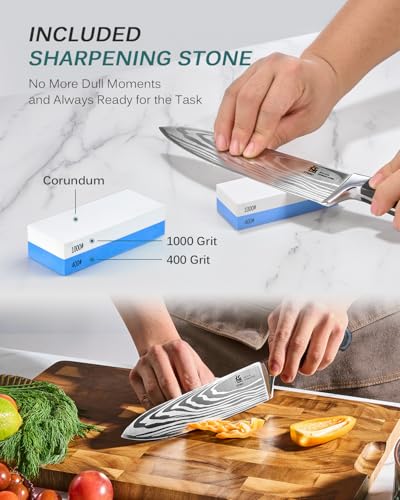 Image of KYOKU 8 inch Chef Knife, Samurai Series Japanese Style Chef's Knife with Sharpening Stone, High Carbon Steel Kitchen Knife with Pakkawood Handle Mosaic Pin Gift Box for Meat Vegetable Fruit Chopping