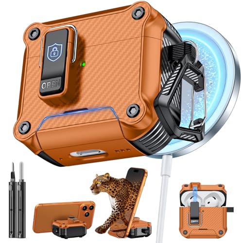 Image of Inesore for AirPods 4 Case with Secure Lock (Orange) | Phone Stand Design,Compatible with MagSafe,Automatic Snap Switch Secure Cover Carbon Fiber Texture with Cleaner Kit