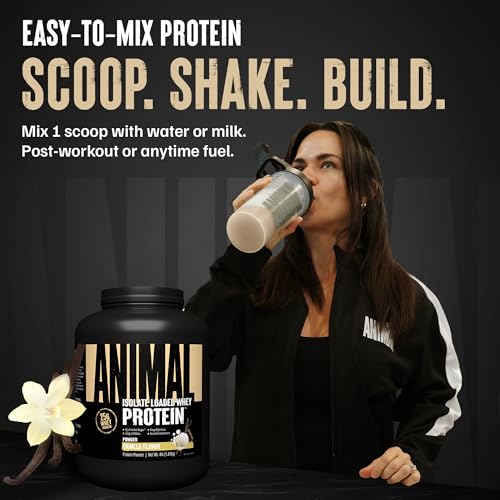 animal whey isolate protein powder - loaded for pre amp post workout muscle builder and recovery with digestive enzymes for men amp women - 25g protein great taste low sugar - vanilla 4 lbs