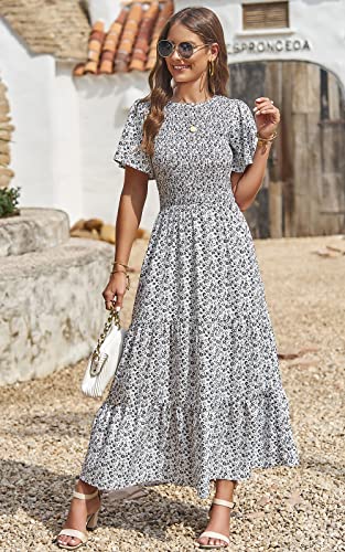 Image of PRETTYGARDEN Women's 2026 Summer Casual Flutter Short Sleeve Boho Floral Maxi Dress Crew Neck Smocked Tiered Long Dresses