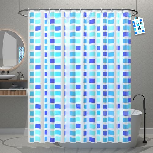 Image of Kuber Industries Pack of 4 Waterproof 71x71 Inch Shower Curtains for Bathroom with 12 Rings | Washroom Partition Screen & Wall Divider Parda for Bath | JY-2-2 | Block Print - Blue