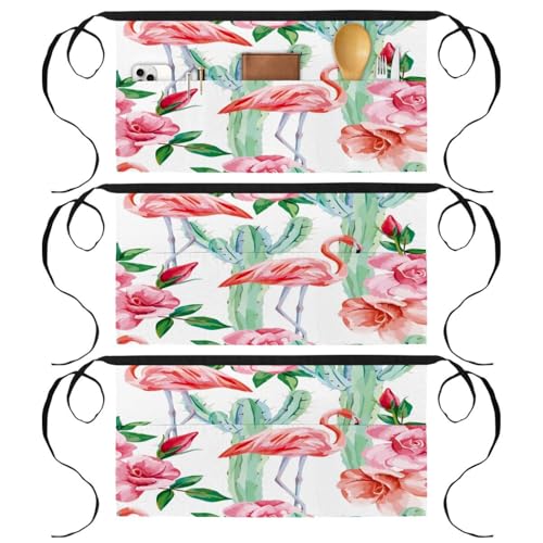 Demi-tablier pour cuisine et pâtisserie aux motifs de flamant rose et fleurs