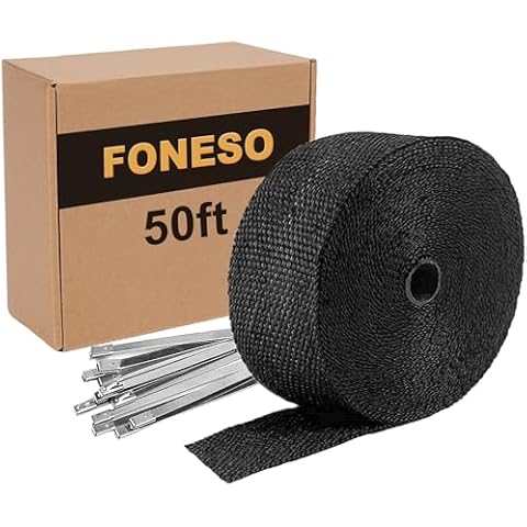 Black Exhaust Heat Wrap, Foneso 2'' x 50' Exhaust Header Wrap Tape Fiberglass Heat Shield Tape with 12pcs Stainless Steel Ties for Motorcycle Car Truck Cover