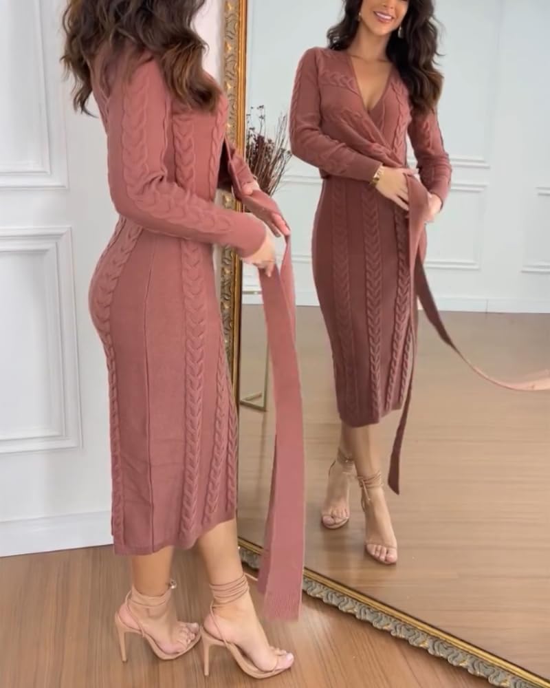 CHICME Elegant Cable Knit Wrap Dress for Women Long Sleeve V Neck Tie Waist Midi Sweater Dress - Image 3