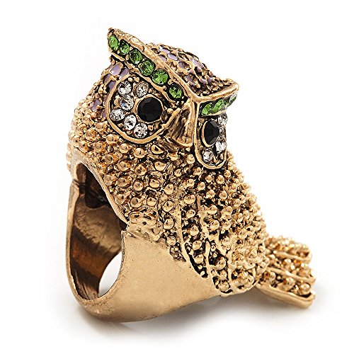 Bague chouette vintage femme en métal doré vieilli texturé style rétro