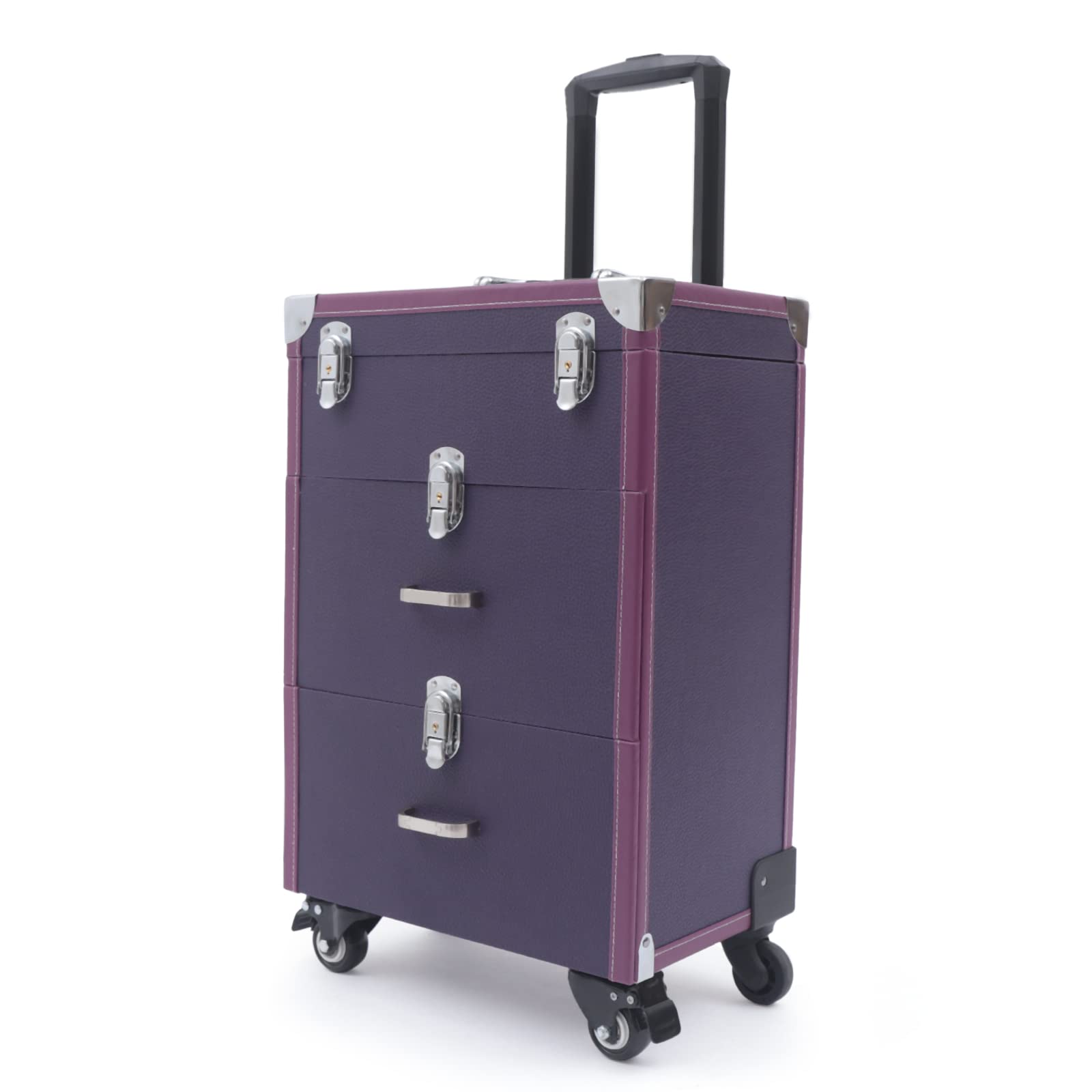 DONSU 3-Tier Rolling Makeup Train Case Large Storage Cosmetic Trolley, Salon Nail Polish Storage Box Jewelry Organizer Cosmetics Traveling Cart Trunk (Purple)