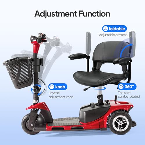 Image of 3 Wheel Mobility Scooters for Adults，Collapsible Electric Powered Wheelchair，Portable Compact Motorized Scooter for Travel，Long Range Power，Battery with Charger，Basket and Cup Holder