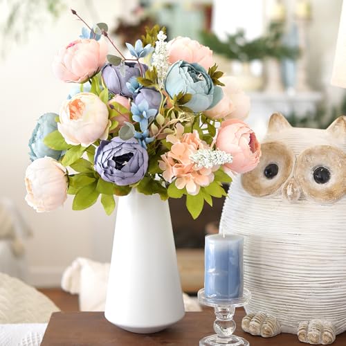 Image of FiveSeasonStuff Vintage Artificial Peonies Silk Peony Flowers and Hydrangeas for Wedding Bridal Home Decor - Beautiful Floral Centerpiece Arrangement with 2 Bouquets (Tranquil Blue and Pink Mix)