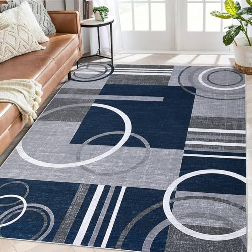 MilleLoom Machine Washable 9x12 Area Rug for Living Room Non Slip Abstract Modern Carpet Geometric Neutral Rug Stain Resistant & Non-Shedding Soft Faux Wool Rugs for Home Office Dark Blue by MilleLoom - Used condition - CA$90.46