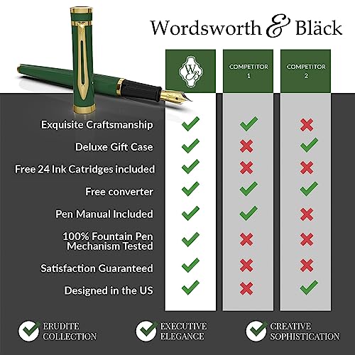 Wordsworth & Black Fountain Pen Set, 18K Gilded Medium Nib, Includes 24 Pack Ink Cartridges, Ink Refill Converter & Gift Box, Gold Finish, Calligraphy, [Racing Green], Perfect For Men & Women #TOP5