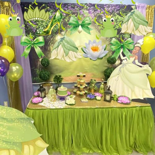 Image of 20Pcs Princess and Frog Hanging Swirls, Princess Coquette Bow Hanging Decor Whirl, Green Frog Birthday Party Ceiling Streamers for Frog Princess Party, Princess Baby Shower, Garden Birthday Decoration