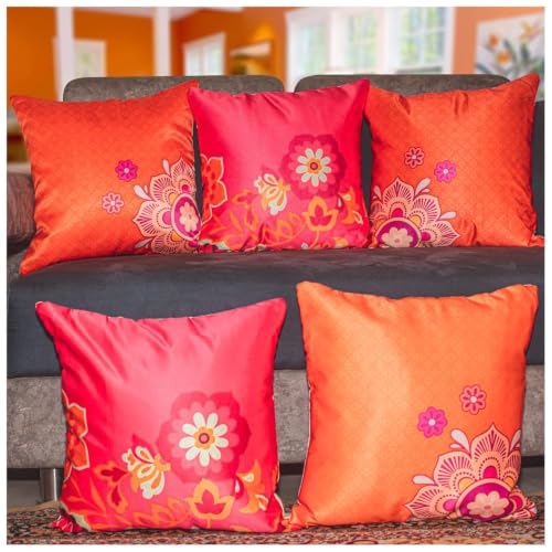 Image of Decorative Satin Sofa Cushion Covers Set of 5, 16 x 16 Inches, Multicolor Floral Printed Pillow Covers for Living Room, Bedroom, Couch & Sofa, Soft Glossy Fabric, Zipper Closure