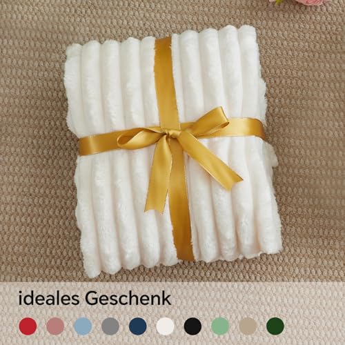 BEDELITE Kuscheldecke Flauschig Decke Klein - weiche Flanell Decken Elfenbein Weiß 125x150 für Sofa, Deko Streifen Cord Fleecedecke Weiss als Sofaüberwurf für Wohnzimmer, Throw Blanket Wide Use