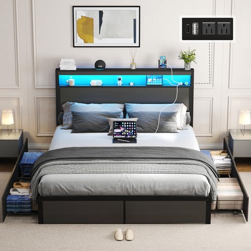 Image of Queen Bed Frame with 4 Storage Drawers, Queen Size Bed Frame, Rustic Grey | LED Light, Charging Station, Wood Headboard, Metal Platform, No Box Spring Needed, Noise Free, Easy Assembly
