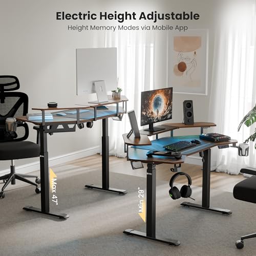 Image of EUREKA ERGONOMIC Aero 55 Inch W Shaped Electric Standing Desk, Height Adjustable Computer Gaming Desk with LED Monitor Shelf, Mouse Pad, Headphone Hook, Cup Holder, Dark Walnut