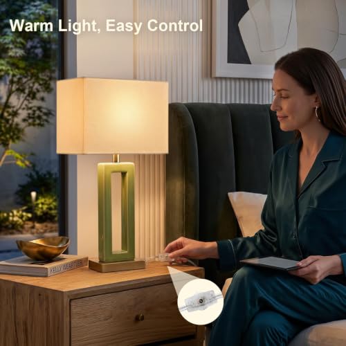 Image of 22 inch Modern Ceramic Table Lamps Set of 2, Green Crackle Glaze Hollow Bedside Lamps with Linen Shade, 5ft Cord Rotary Switch E26 Base Nightstand Lamps for Bedroom Living Room Entryway Decor