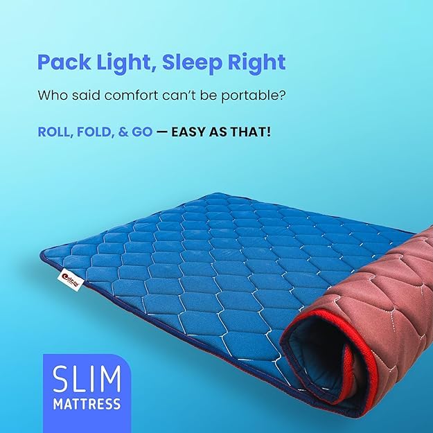 Image of Coir On Slim PU Foam Foldable Foam Mattress, Compact 1-Inch Roll Up Mattress, Portable Light, Comfort Knitted Fabric, Soft+Durable Bed Mattress, Reversible Gadda for Floor - Queen