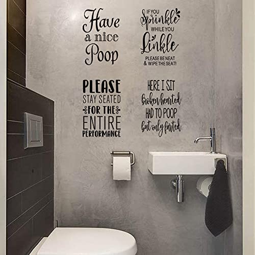 FlyWallD Bathroom Wall Decals Pictures Funny Quotes Wall Art Decor Bathroom Saying Stickers Removable Bathroom Peel and Stick Decor Set of 4