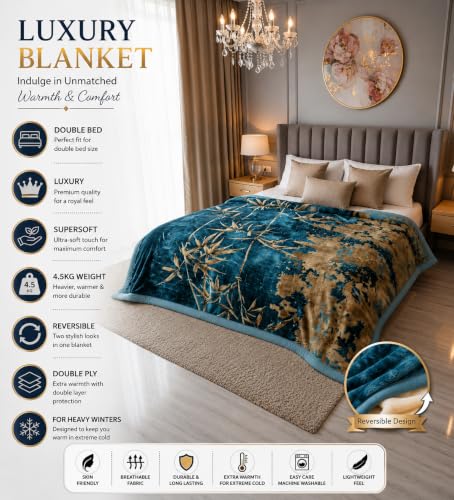 Image of Signature Exclusive Supersoft Luxury Heavy Winter Double Ply Double Bed Mink Blanket - 4.5 kg | 100% Polyester | 2.10 m x 2.40 m | Royal Luxe Comfort for Extreme Cold (Bamboo Bliss)