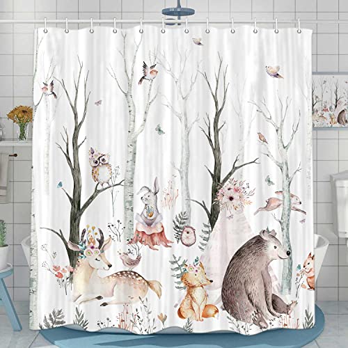 Rustic Forest Animals Shower Curtain For Bathroom, Country Woodland Lodge Cabin Bear Fox Deer Owl Fabric Shower Curtains Set, Hunting Wlidlife Kids Restroom Decor Accessories With Hooks 72X72Inches #TOP23