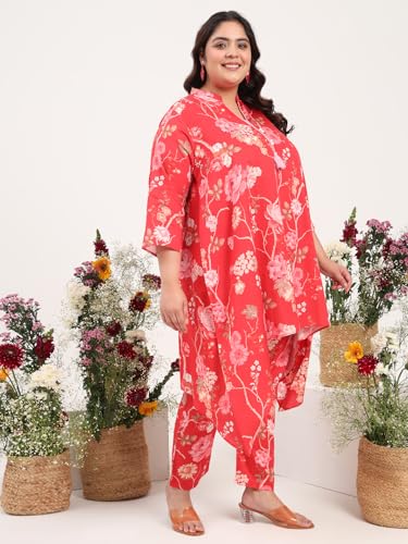 Image of Tissu Women's Plus Size Pure Cotton Red Asymmetrical Top with Trouser Co-ord Set