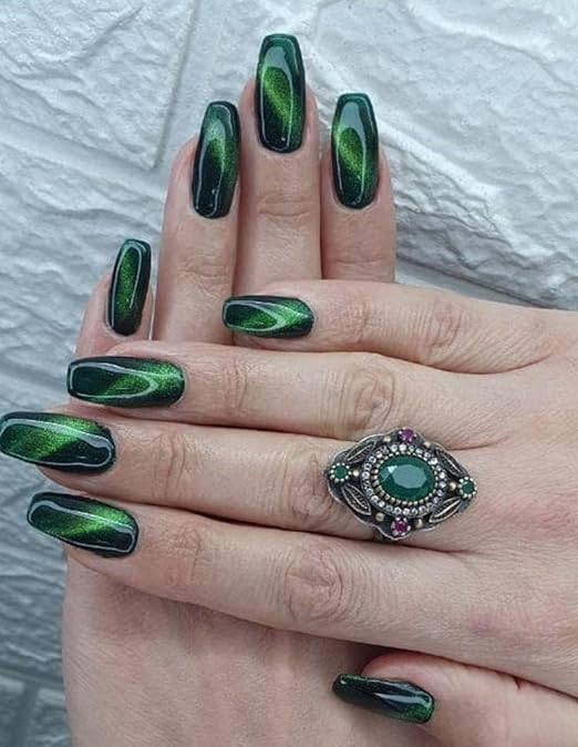 Sparkling Nailon Cat Eye Green Press On Nails for Women | Reusable Artificial Nail Extensions | Long Lasting Stick On Fake Nails | Easy Apply Manicure Kit | 14 Pcs Stiletto Shape-image-17