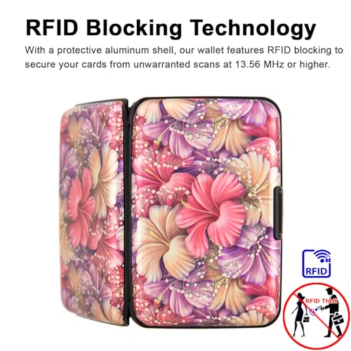 Image of Credit Card Holder Small RFID Blocking Wallet Business Metal Slim Mini Aluminum Hard Case for Women Men Gift, Pink Purple Tropical Hibiscus Flowers, small, Printed Aluminum Shell Credit Card
