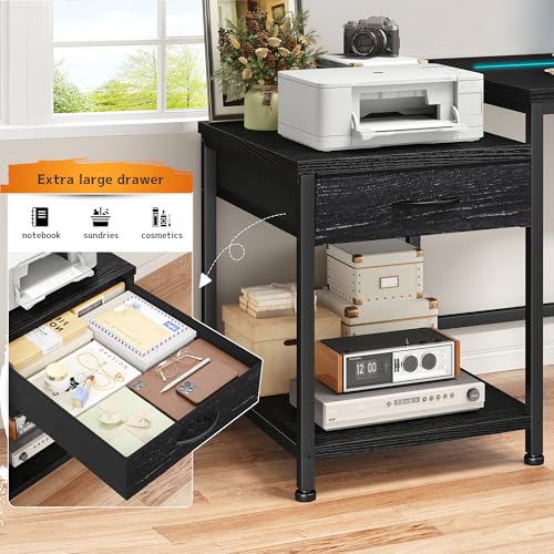 Image of DurayLoly 48 inch Gaming Desk with Printer Shelf & Drawer for Teen Gaming Room | Printer Shelf & Storage Drawers; Store Printer, Stationery and Daily Gadgets for Teen Dorm & Bedroom Workspace, Black
