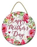 SRongmao Happy Mother's Day Door Sign Welcome Wreath Door Hanger 12nch Round Wooden Floral Hanging Door Sign Rustic Farmhouse Porch Decorations for Front Door Wall Decor