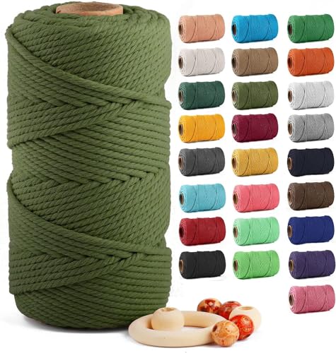 Image of ZUEXT Macrame Cord, Army Green, 5mm x 109yds Cotton String Macrame Yarn | 100% Natural Handmade, 4 Strands Twisted Cotton Rope, For Wall Hanging Plant Hangers Gift Wrapping Tapestry DIY Crafts, 100m