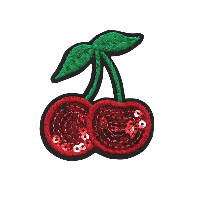 Daily Crafts 1 pc Embroidered Patch Sequin Shiny Cherry Square Sew On/Iron On Patch Applique Bag Clothes Applique Dress Hat Jeans Sewing DIY Decoration