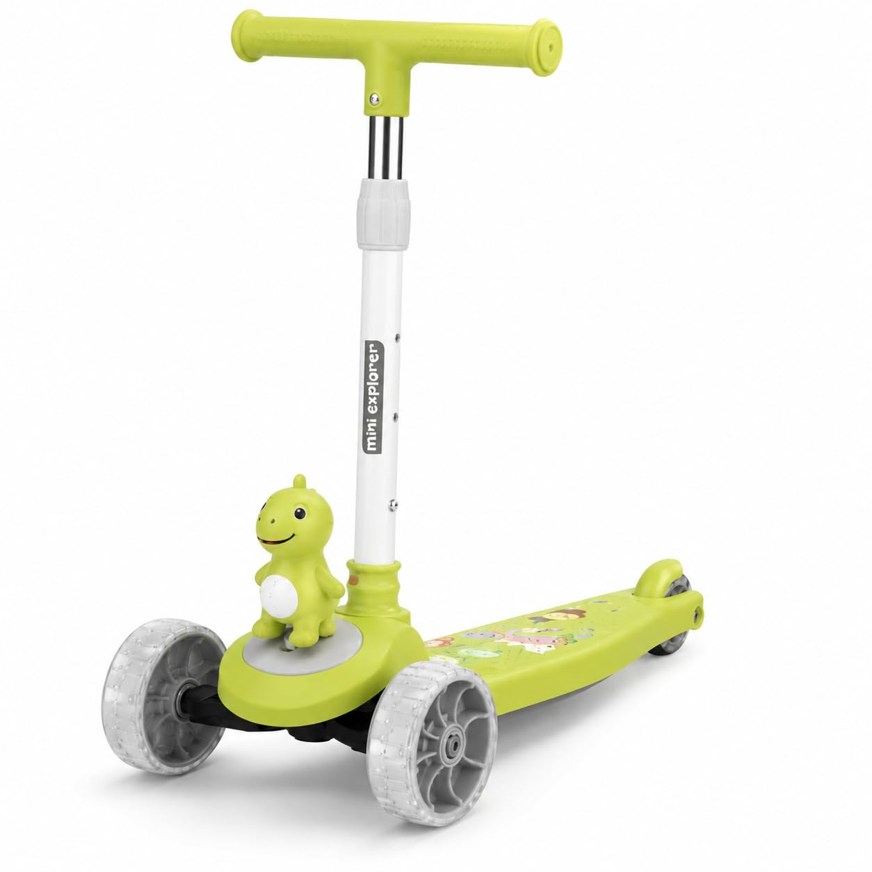 MiniExplorer Zoomie Kids Kick Scooter with LED Wheels, 3 Wheel Scooter for Boys & Girls, Adjustable Height Handle, Foldable Lightweight Scooter for Kids Age 3+ Years - Dino