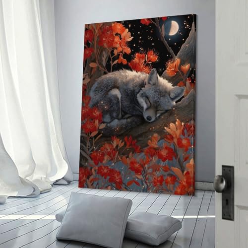Tableau de renard endormi décor floral nocturne 30x45cm