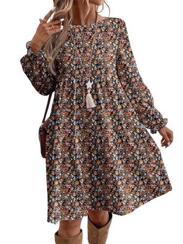 GORGLITTER Damen Kleid Kurz Herbstkleid Elegant Blumenkleid Blusekleid Locker Boho Kleider Langarm Freizeitrock Herbst Urlaub Ourfit Orange XL