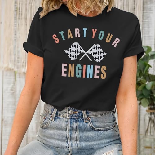 Vintage Racing Shirt Checkered Flag Graphic Tees Womens Start Your Engines Tshirt Race Day Shirts Short Sleeve Tops2