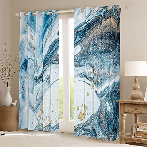 Homemissing Blue White Marble Window Curtains For Abstract Ocean Swirls Marble Ripples Curtains Natural Gold Teal Window Drapes Crack Treatments,W66*L90 - Image 2