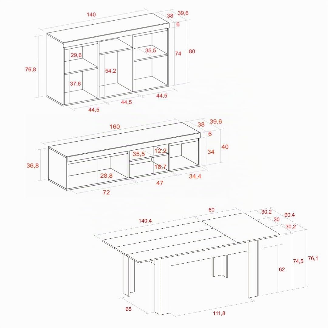Skraut Home | Ensemble de Meubles modèle Naturale |Table Extensible 140x90x76, Buffet 140x40x80, Meuble TV 160x40x41 | Finition Mélamine Couleur Chêne/Noir
