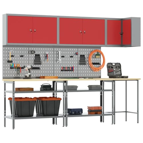vidaXL Juego de banco de esquina ajustable en altura con paredes perforadas 3 mesas y 4 armarios para almacenamiento de garaje Opciones de color gris rojo disponibles herramienta de taller banco