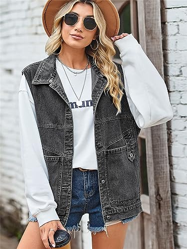 Image of PAODIKUAI Women's Oversized Denim Vest - Sleeveless Distressed Jean Vest with Pockets for Casual Layering