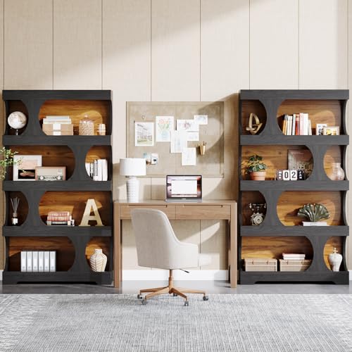 Image of Tribesigns 71 inch Tall Bookcase Set of 2, 4-Tier S-Shaped Bookshelf, Wood Decorative Storage Shelving, Modern Freestanding Display Shelves, Large Library Bookshelf Unit for Home Office, Black & Brown